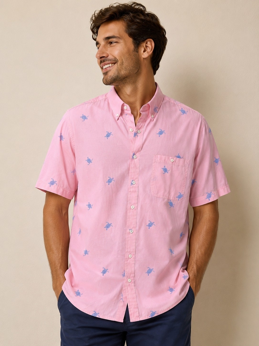 croft & barrow Pink Short-Sleeve Button-Down Shirt with Blue Print